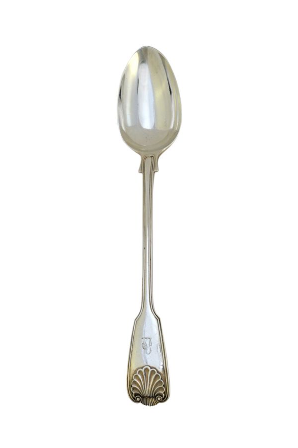 A Victorian silver double struck fiddle, thread and shell pattern basting spoon, London 1871, weight 205 gms.   Illustrated