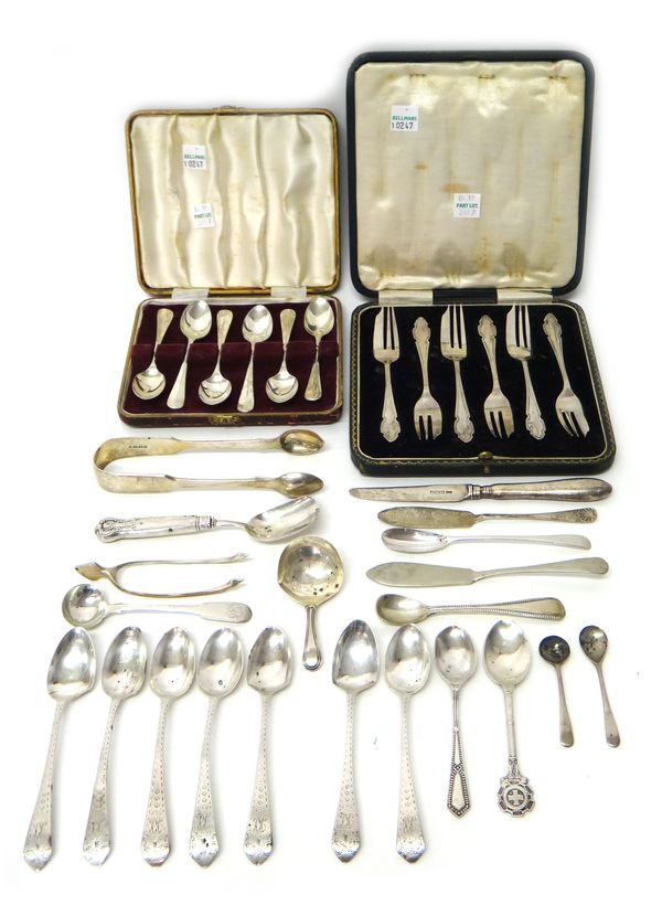 Silver table flatware, comprising; a set of six coffee spoons, Sheffield 1957, cased, a set of six pastry forks, Sheffield 1924, cased, a pair of suga