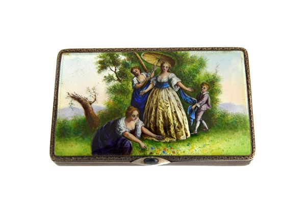 A silver and enamelled rectangular case, the sprung cover decorated with the figures of three ladies and of a youth in a landscape setting, otherwise