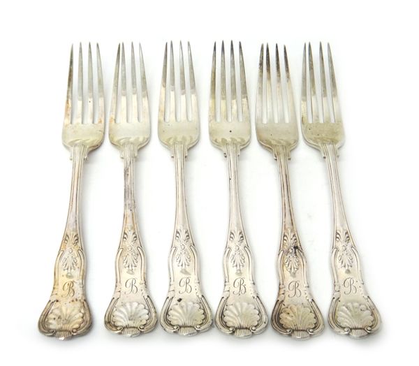 A late Victorian set of six silver King's pattern table forks, Sheffield 1895, all engraved with the initial 'B', weight 605 gms.