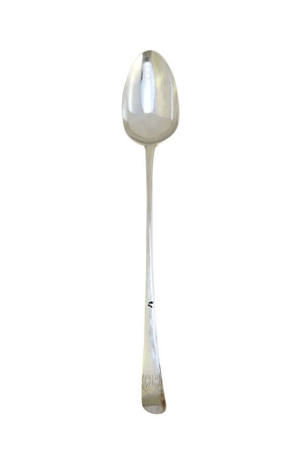 A George III silver Hanoverian pattern basting spoon, monogram engraved, bottom marked, Birmingham 1776, weight 85 gms, maker Edward Sawyer.   Illustr