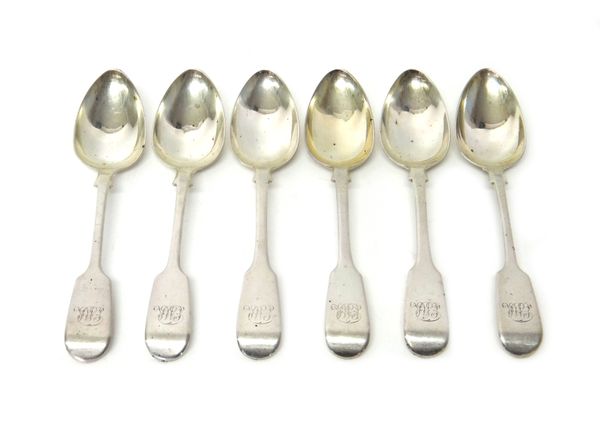 A set of six Victorian silver fiddle pattern dessert spoons, monogram engraved, London 1841,combined weight 314 gms.