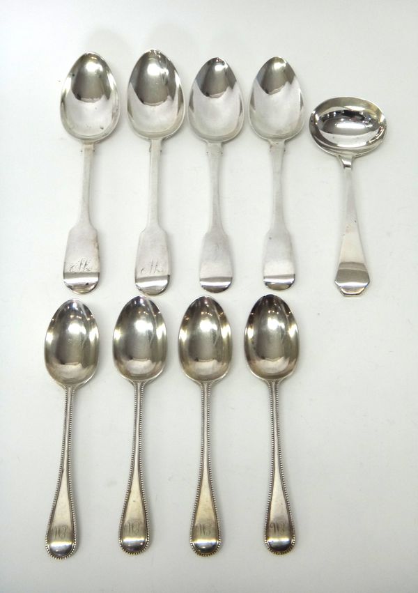 Silver table flatware, comprising; two pairs of fiddle pattern tablespoons, London 1814 and 1835, four Victorian bead edge Old English pattern dessert