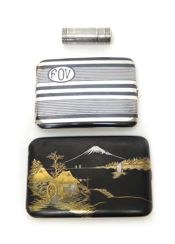 A Japanese rectangular cigarette case, with banded decoration, detailed F O V, bears character mark, a rectangular cigarette case, decorated with gold