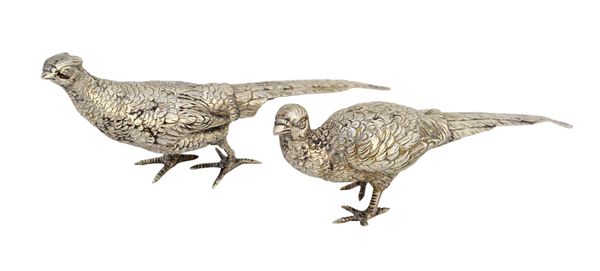 A pair of European cast models of ornamental pheasants, each detailed 835, length 15cm, combined gross weight 145 gms.   Illustrated