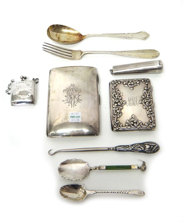 Silver and silver mounted wares, comprising; a Victorian rectangular cigar case, London 1894, a rectangular hinged wallet, with fitted compartments wi