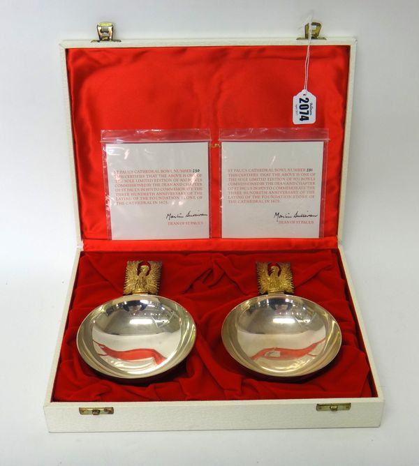 Two silver St Paul's Cathedral bowls, commemorating The 300th Anniversary of The Laying of The Foundation Stone of the Cathedral in 1675, with two num