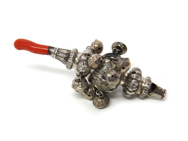 A Victorian silver baby's rattle, with floral decoration, fitted with two tiers of bells, with a whistle mouthpiece and with a coral terminal, Birming