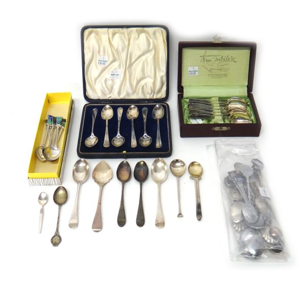 A set of six silver Old English pattern teaspoons, Sheffield probably 1926, cased, a set of six silver teaspoons, with abalone shell finials to the ha