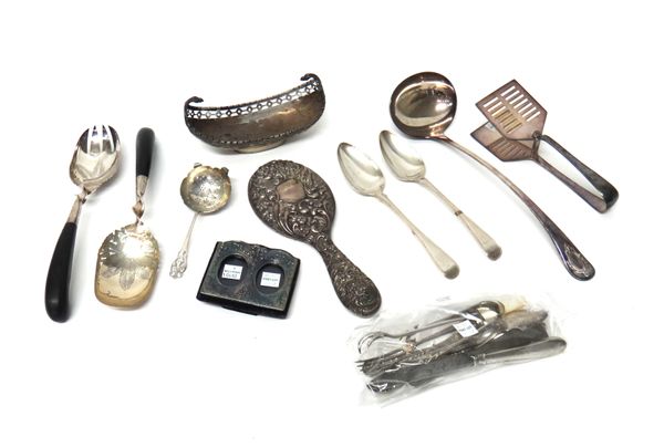 Silver and silver mounted wares, comprising; a boat shaped stand, with pierced decoration, London 1912, two Old English and thread pattern tablespoons