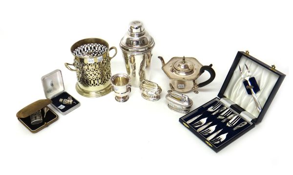 Two silver mounted glass modern scent bottles, with two scent funnels and cases and plated wares, comprising; two table lighters, a teapot, a cocktail