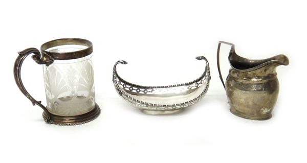 Silver and silver mounted wares, comprising; a Victorian tankard, the glass body with acid etched decoration, with a scrolling handle and on a beaded