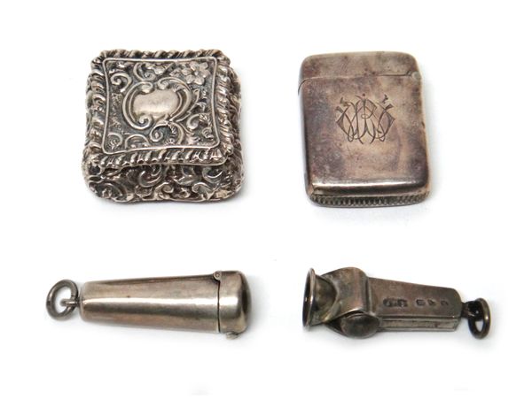 Silver and silver mounted wares, comprising; a shaped square hinge lidded pill box, with embossed decoration, Birmingham 1899, a rectangular vesta cas