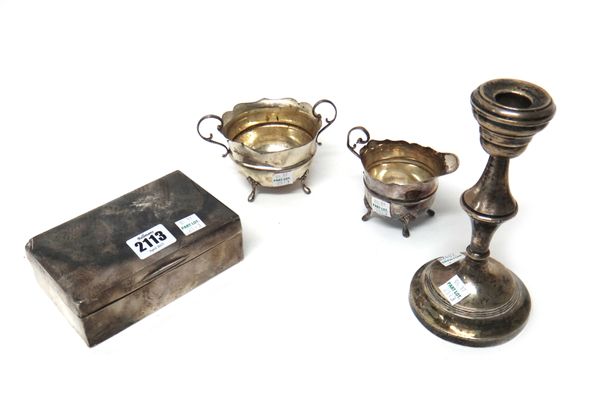 Silver and silver mounted wares, comprising; a rectangular table cigarette box, wooden lined within, Birmingham 1926, a twin handled sugar bowl, Birmi