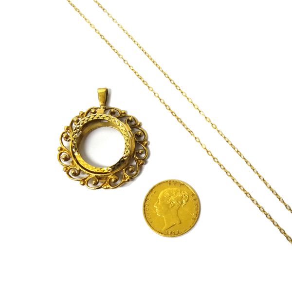 A Victoria young head half sovereign 1871, a 9ct gold pendant mount for a half sovereign, weight 5.6 gms and a neckchain, (3).