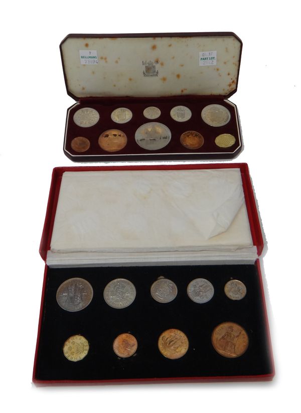 A George VI 1950 proof nine coin specimen set, with the original Royal Mint box and an Elizabeth II Coronation year 1953 proof ten coin specimen set,