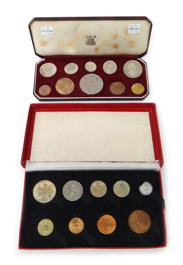 A George VI 1950 proof nine coin specimen set, with the original Royal Mint box and an Elizabeth II Coronation year 1953 proof ten coin specimen set,