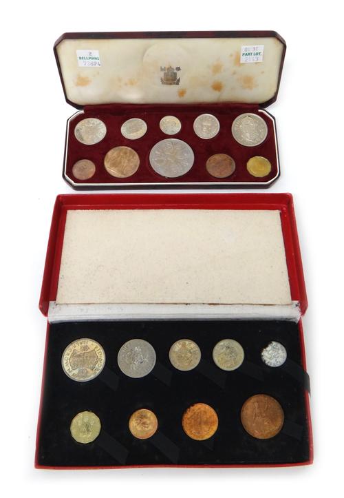 A George VI 1950 proof nine coin specimen set, with the original Royal Mint box and an Elizabeth II Coronation year 1953 proof ten coin specimen set,