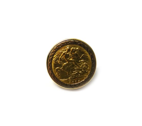 A George V half sovereign 1913, in a 9ct gold ring mount, ring size L and a half, weight 9.1 gms.