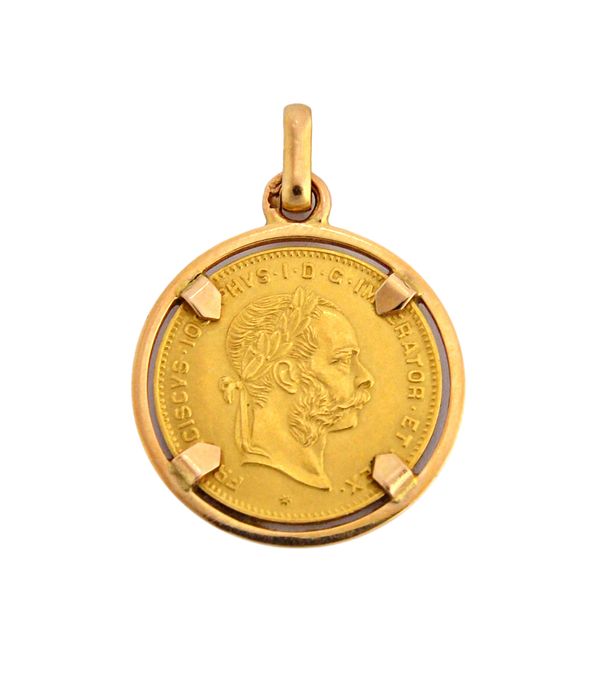 An Austrian gold re-struck four florins, ten francs 1892, in a gold pendant mount, gross weight 5 gms.   Illustrated