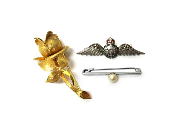 A 9ct gold brooch, designed as a flower spray, weight 7.3 gms, a rose diamond set and enamelled brooch, designed as The Royal Air Force wings, with cr