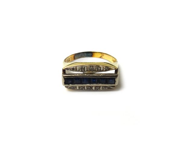 A gold, sapphire and diamond ring, mounted with a row of six calibre cut sapphires at the centre, between circular cut diamond set boat shaped sides,