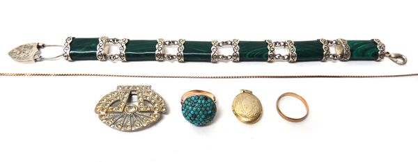 A turquoise set bombe cluster ring, a 9ct gold plain wedding ring, a silver and malachite bracelet, a gilt metal oval pendant locket, a 9ct gold neckc