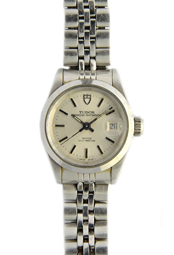 A lady's steel Tudor Princess Oyster Date automatic bracelet wristwatch, the signed circular silvered dial, with baton shaped numerals, centre seconds