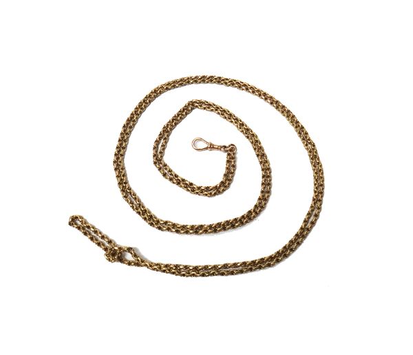 A gold multiple link long guard muff chain, detailed 9 C, the front fitted with a gold swivel, length excluding swivel 140cms, weight 35 gms,