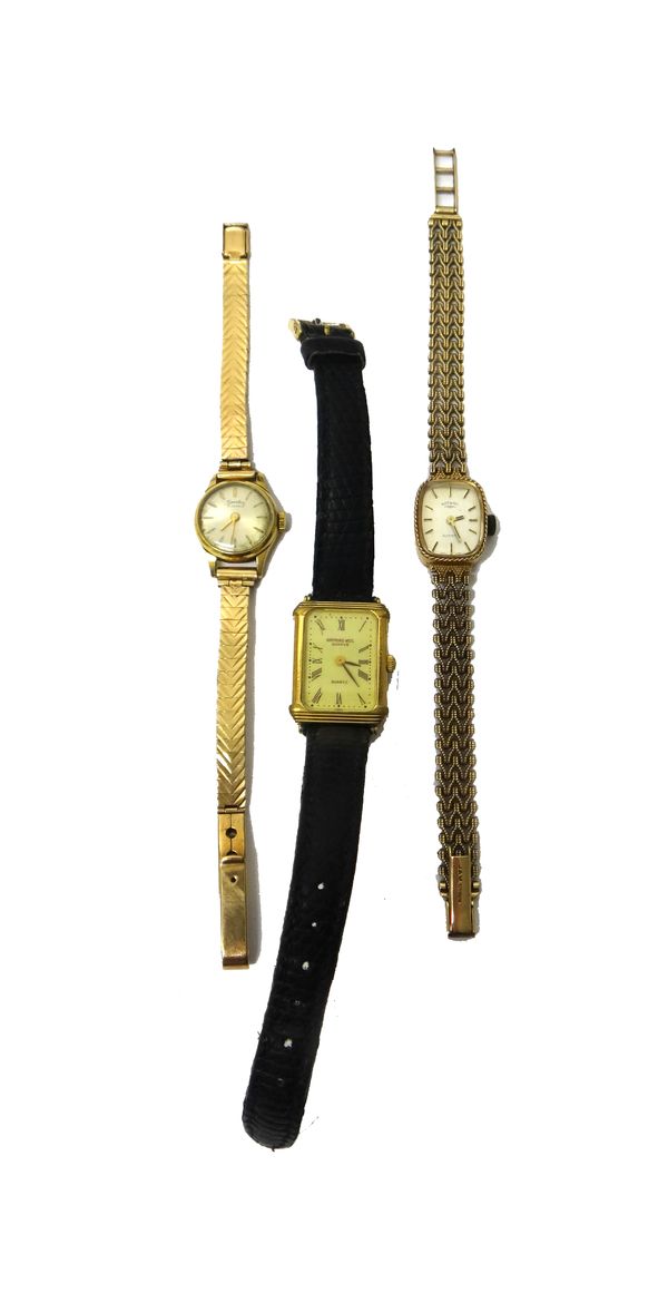 A lady's gold circular cased Sandoz wristwatch, the signed silvered dial with gilt baton numerals on a 9ct gold bracelet, with a foldover clasp, a lad