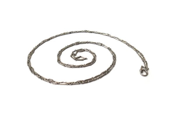 A platinum neckchain, in a twin bar and circular link design, on a boltring clasp, length 80cm, weight 10.2 gms.