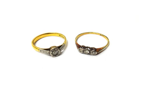 A gold and diamond set three stone ring, mounted with a row of circular cut diamonds, ring size P and a half and a gold and diamond set single stone r