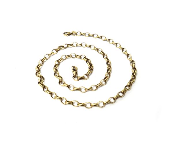 A 9ct gold oval link neckchain, on a sprung hook shaped clasp, length 60cm, weight 25.2 gms.