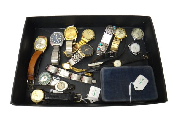 Two lady's 9ct gold cased wristwatches, with a case, a 9ct gold circular cased Sovereign wristwatch, with a leather strap, a West End Watch Co base me