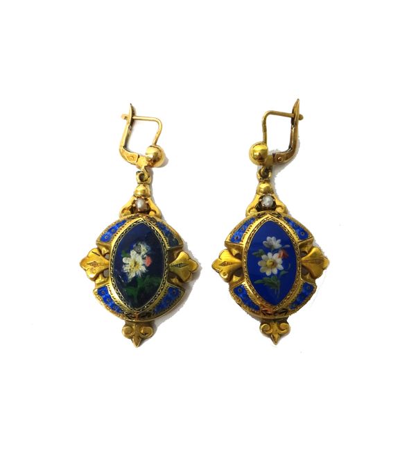 A pair of gold and enamelled pendant earrings, decorated with floral motifs and with a half pearl mounted to the top of each, the tops with folding fi