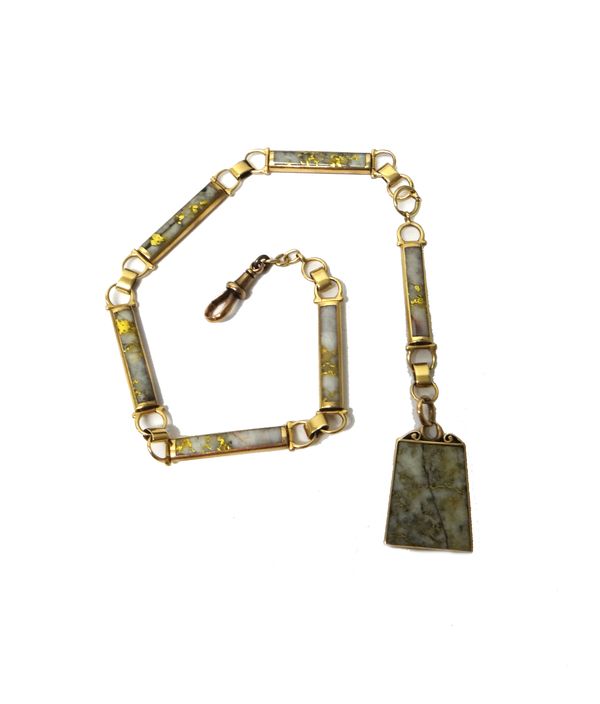 A gold and native gold in quartz watch chain, in a baton shaped link design, with a gold mounted native gold in quartz panel shaped pendant, detailed