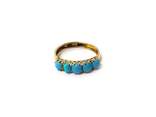 A gold and turquoise set five stone ring, detailed 9 CT, ring size L and a half, gross weight 0.8 gm, with a case