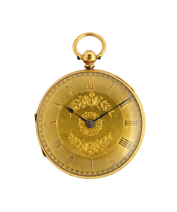 A Victorian 18ct gold cased, key wind, openfaced fob watch, the movement numbered 64671, the gilt dial with gilt Roman numerals, the case with engrave