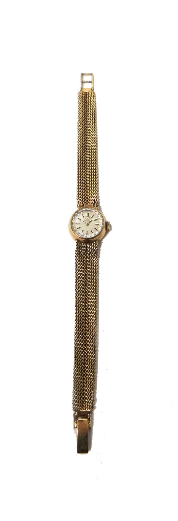 A lady's 9ct gold Omega bracelet wristwatch, the signed circular silvered dial with black baton numerals, on a woven mesh link bracelet with an Omega