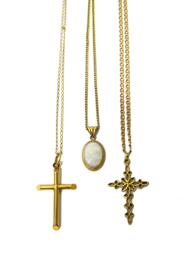 A 9ct gold pendant, mounted with an oval opal, on a gold curb link neckchain, detailed 0750, with a boltring clasp, a gold pendant cross, in a pierced