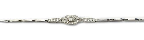 A white gold and diamond bracelet, the centre pierced in a geometric tapered design, mounted with circular cut and rose diamonds, otherwise in a sprun