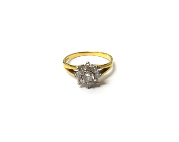 An 18ct gold and diamond nine stone cluster ring, claw set with the principal circular cut diamond at the centre, in a surround of eight smaller circu