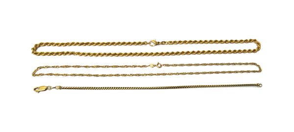 A gold ropetwist link neckchain, detailed 375, on a gilt clasp, detailed 925, a 9ct gold multiple link neckchain, with a boltring clasp and a 9ct gold