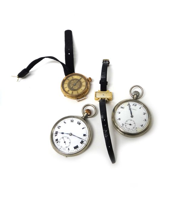 A gold cased, keyless wind, openfaced fob watch, with a gilt jewelled movement, the gilt dial with Roman numerals, the case with engraved decoration,