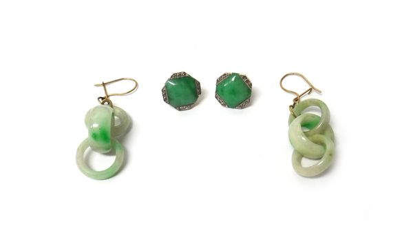 A pair of gold mounted jade and diamond set earstuds, each mounted with a cut cornered square jade, with rows of rose diamonds to the corners, the bac