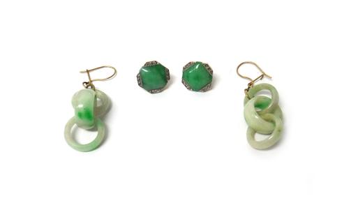 A pair of gold mounted jade and diamond set earstuds, each mounted with a cut cornered square jade, with rows of rose diamonds to the corners, the bac