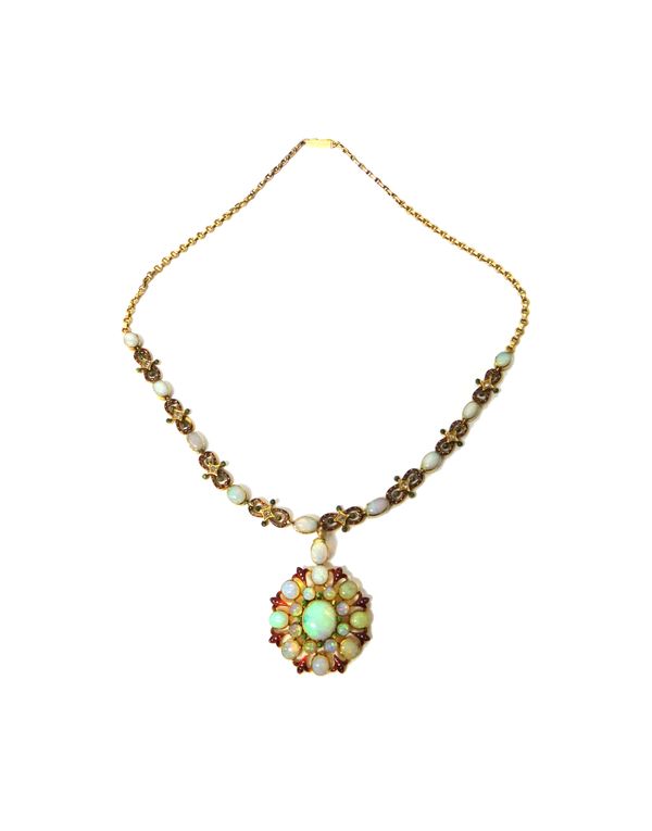 A gold, opal and diamond set and enamelled necklace, with a gold and enamelled pendant, the front of the necklace mounted with rose diamonds to the ce