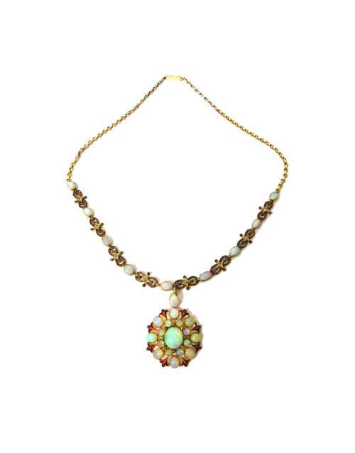 A gold, opal and diamond set and enamelled necklace, with a gold and enamelled pendant, the front of the necklace mounted with rose diamonds to the ce
