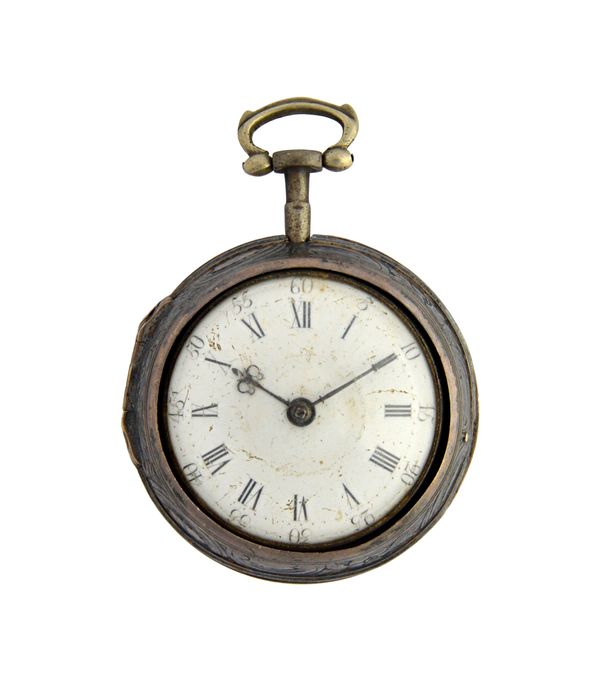 A silver repoussé pair cased verge watch, signed Jonan Blake, Fulham, No 672, London 1781. The white enamel dial with Roman hours and Arabic five-minu