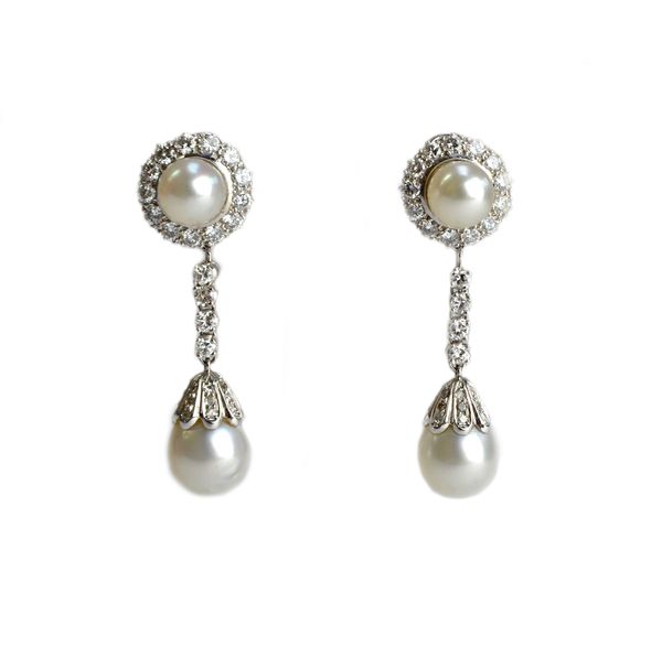 A pair of diamond and cultured pearl pendant earrings, each with a cluster top, centred by a cultured pearl within a surround of circular cut diamonds